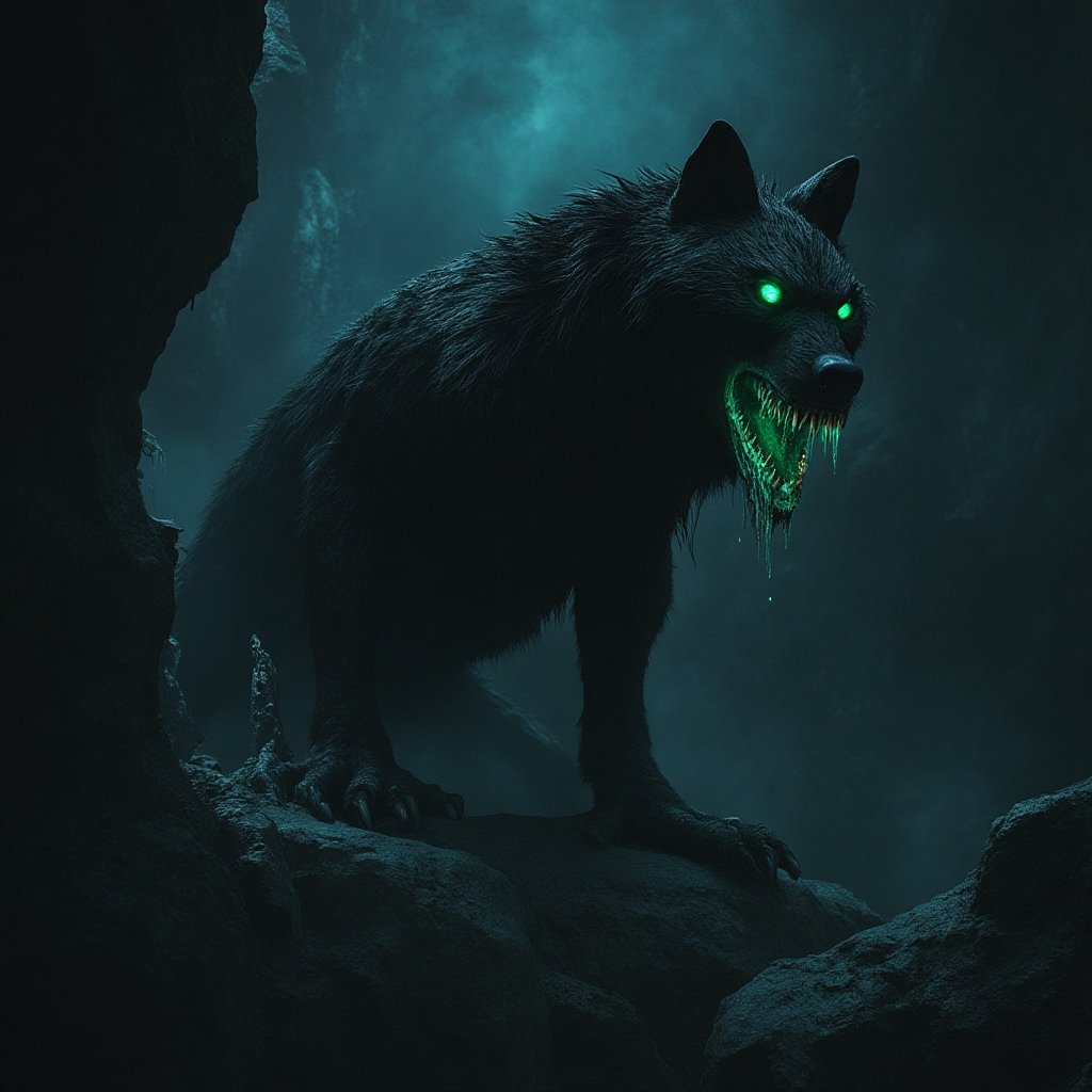 A dark underground cavern with a massive black dire wolf on a rocky ledge,  glowing green eyes,  snarling jaws dripping ac...