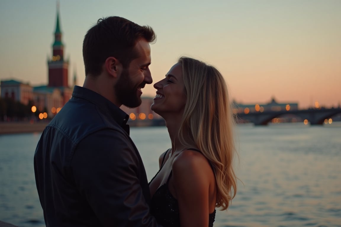 A tender moment unfolds beneath the grandeur of St. Petersburg's iconic bridge as a loving couple shares a romantic encoun...