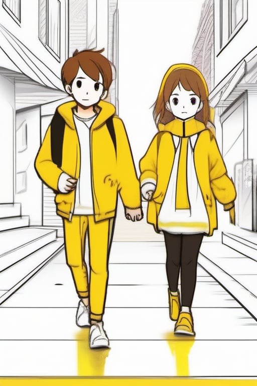 a boy and a girl walking on street,  Line Chibi yellow,  sping by user_793236406364414009 on Tensor.Art
