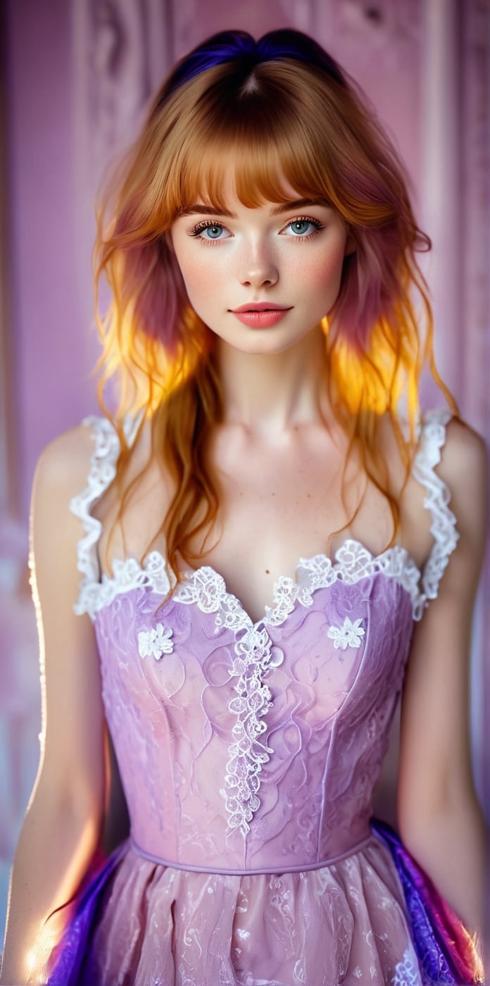 "A serene young woman with porcelain skin and luscious ginger locks poses gracefully in a medium shot. Her hair is in a sl...