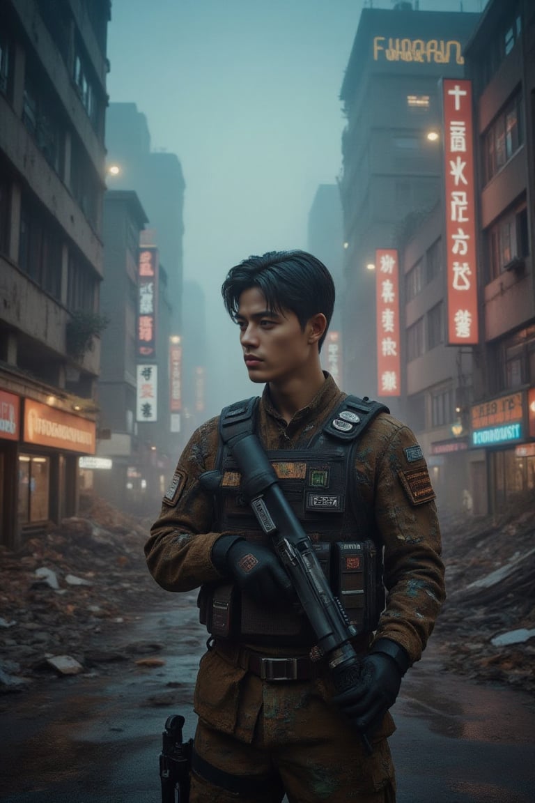 A good looking indonesian man soldier of fortune,  short black hair with a subtle undercut,  tanned skin tone by Deepmove...