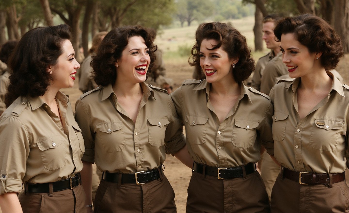 "\"An image from a silent movie,  four White curvy laughing prisoners of ww2 war ladies,  40s style by user_79372365322428...