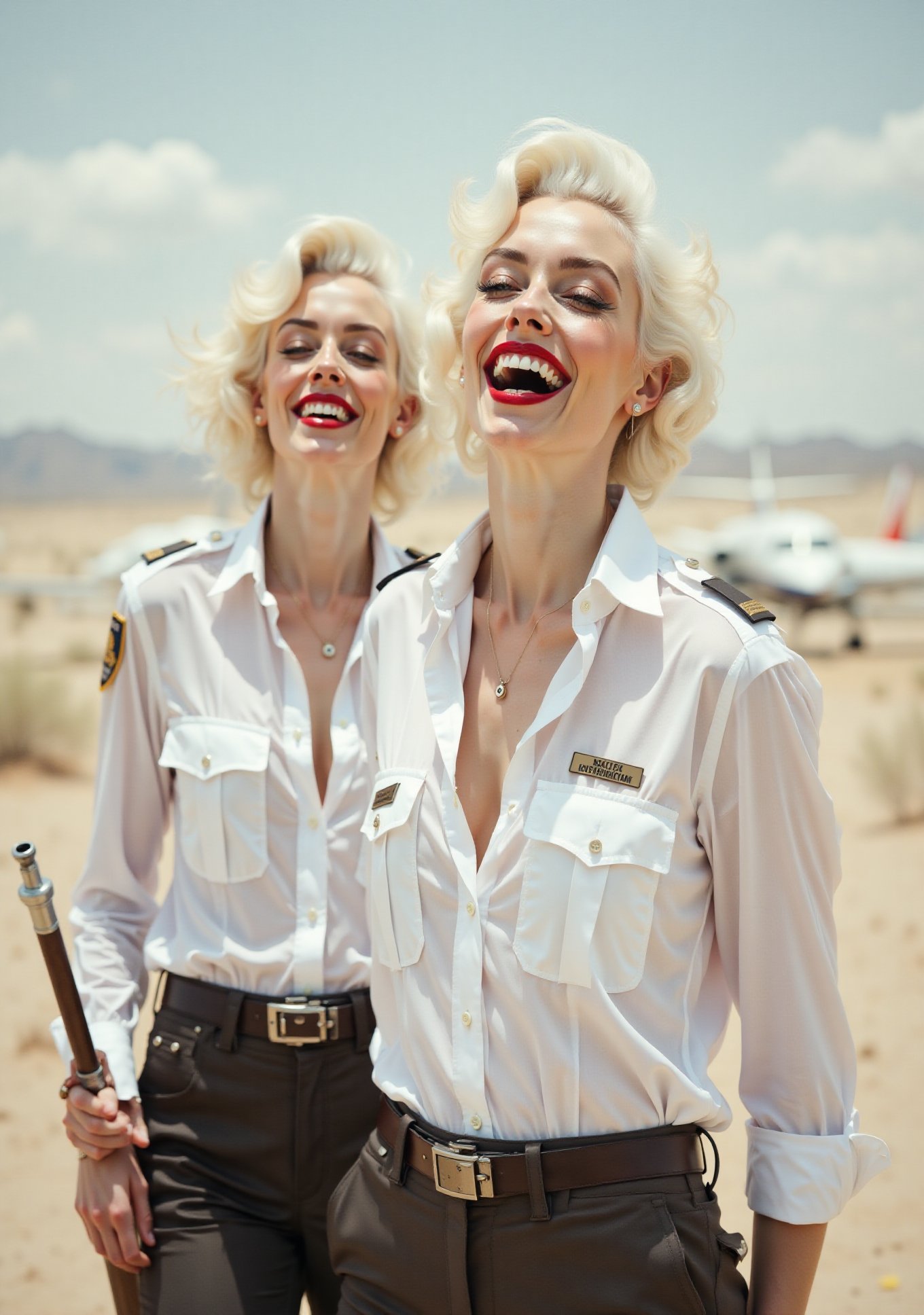 two White glamour screaming American security ladies,  in white deep-necked airport security shirt,  laughing with her mou...