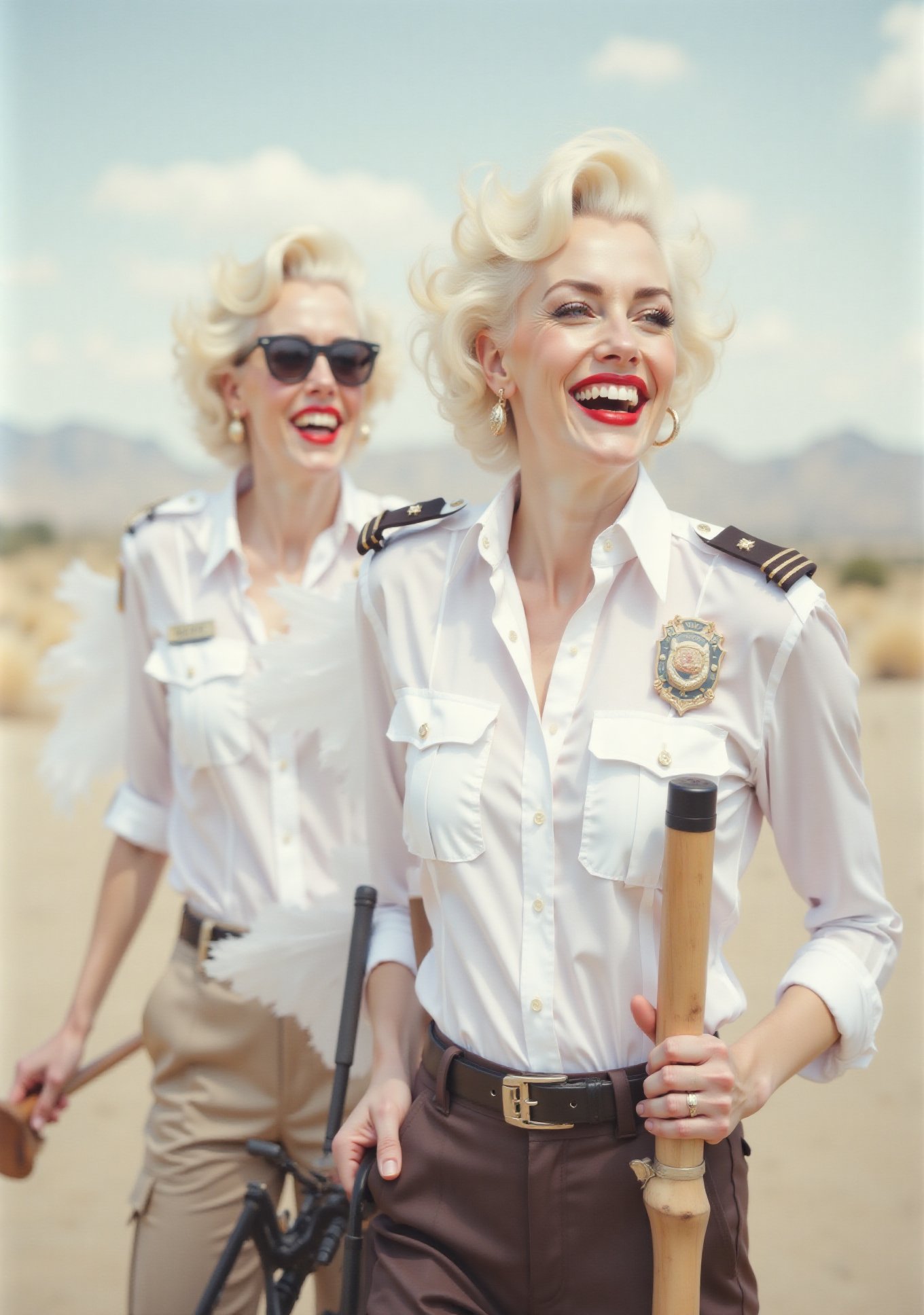 two White glamour screaming American security ladies,  in white deep-necked airport security shirt,  laughing with her mou...