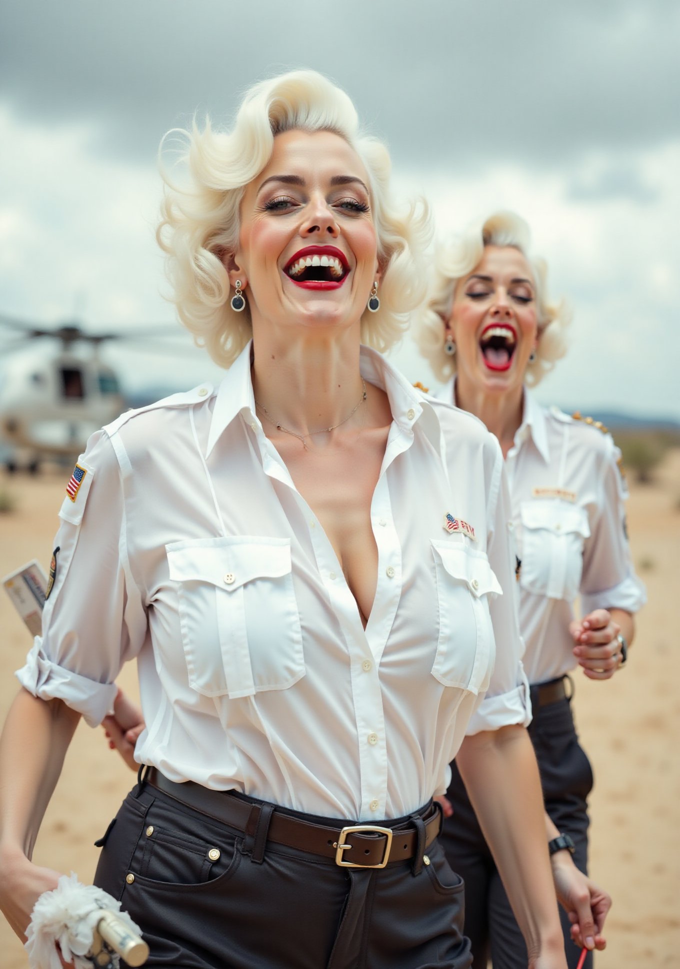 two White glamour screaming American security curvy ladies,  in white deep-necked airport security shirt,  laughing with h...