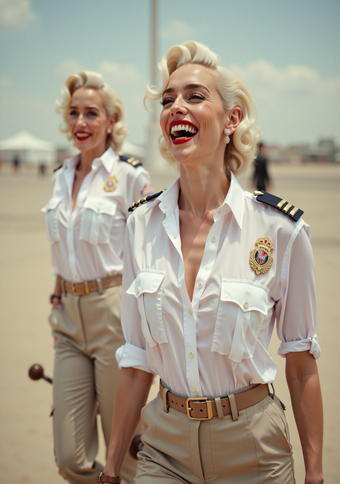 two White glamour screaming American security ladies,  in white deep-necked airport security shirt,  laughing with her mou...