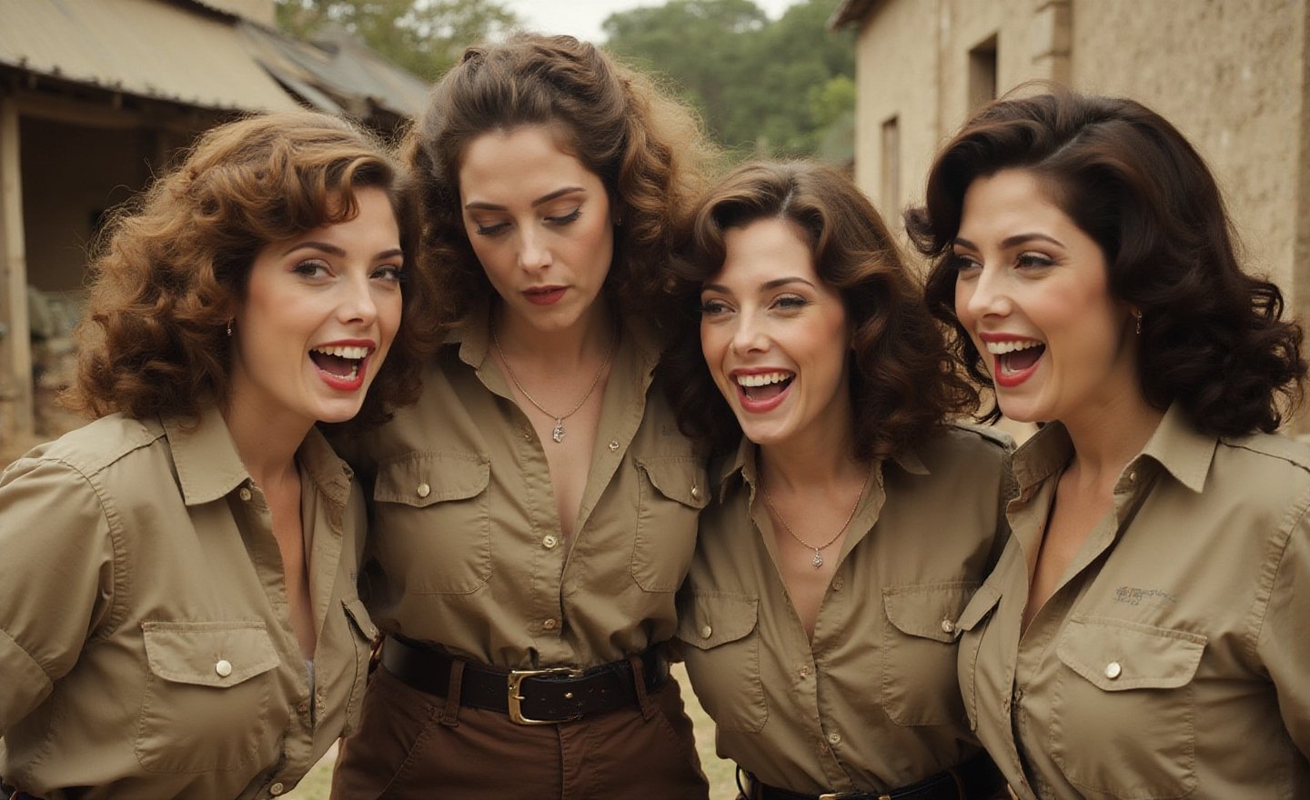 "\"An image from a silent movie,  four White curvy laughing prisoners of ww2 war ladies,  40s style by user_79372365322428...