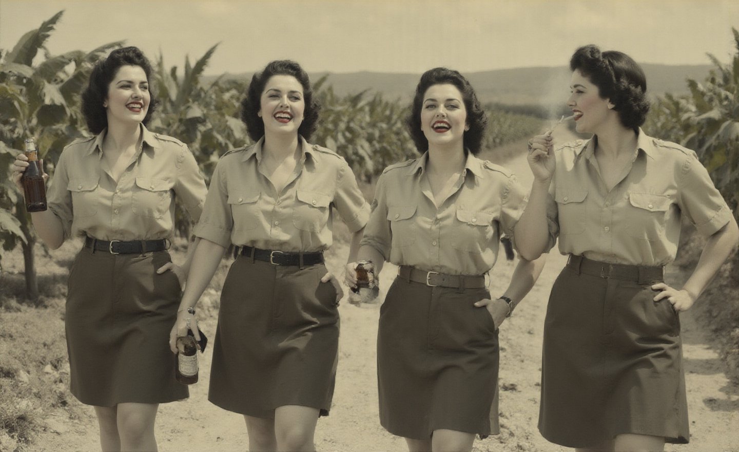 "\"An image from a silent movie,  four White curvy laughing prisoners of ww2 war ladies,  40s style by user_79372365322428...