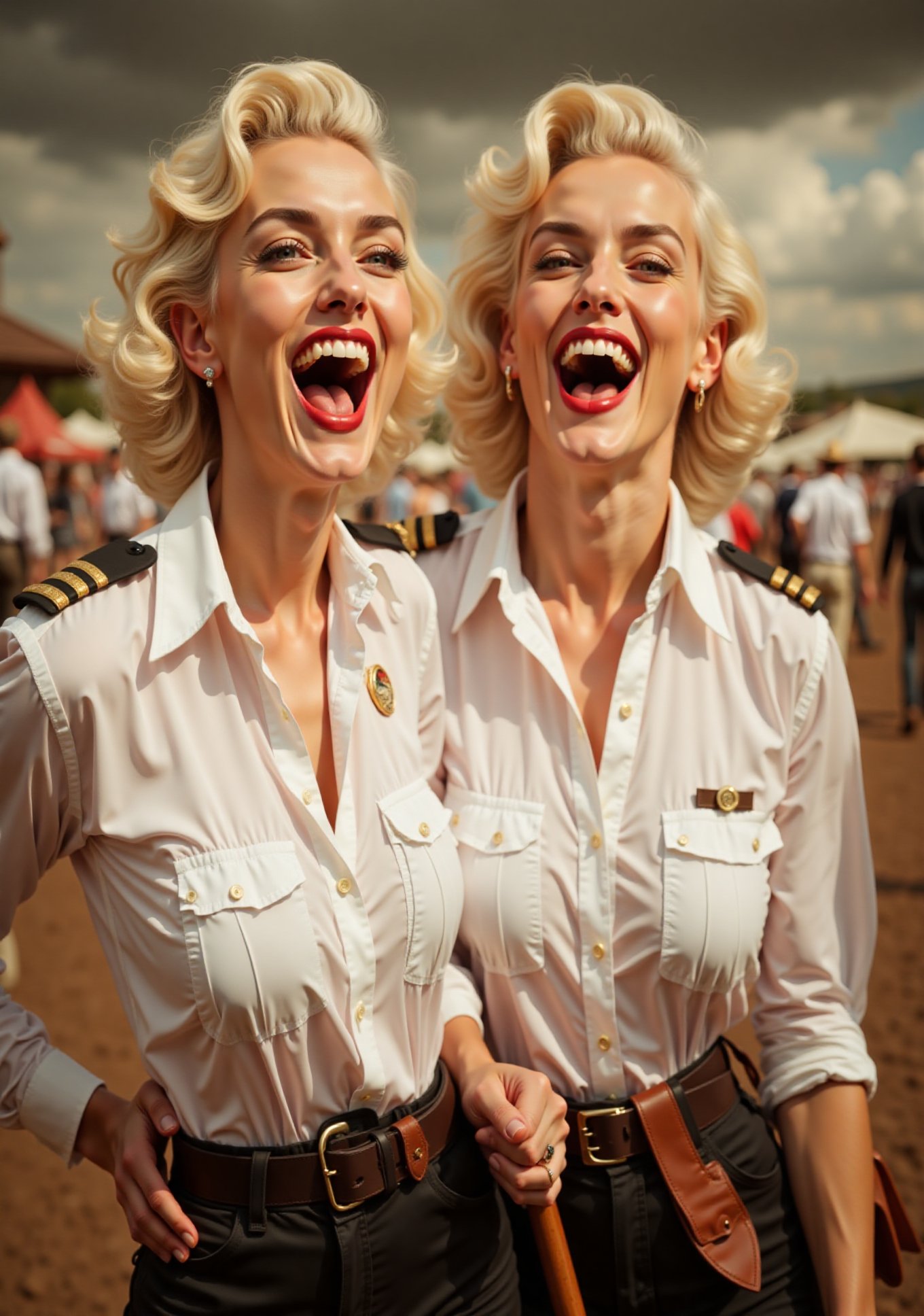 two White glamour screaming curvy American ladies,  in white deep-necked pilot shirt,  face from 1950s by user_79372365322...