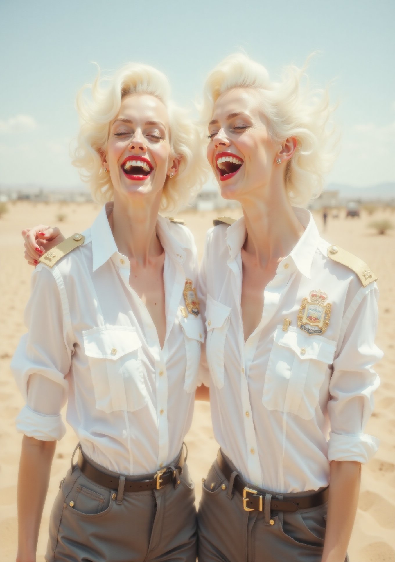 two White glamour screaming American security ladies,  in white deep-necked airport security shirt,  laughing with her mou...