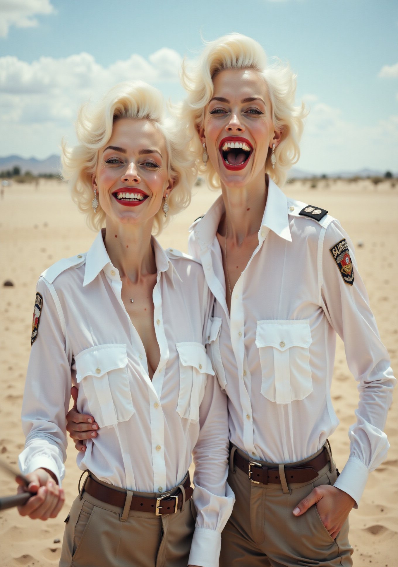 two White glamour screaming curvy American security ladies,  in white deep-necked airport security shirt,  laughing with h...
