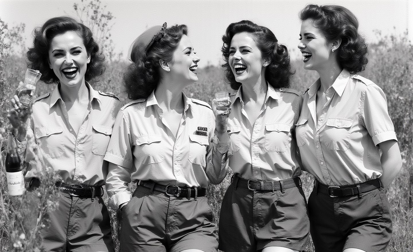 "\"An image from a silent movie,  four White curvy laughing prisoners of ww2 war ladies,  40s style by user_79372365322428...