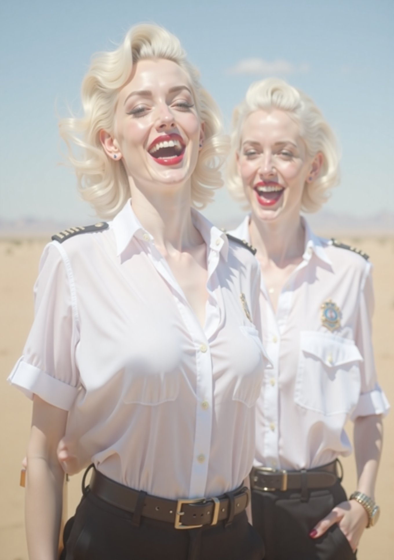 two White glamour screaming American security ladies,  in white deep-necked airport security shirt,  laughing with her mou...