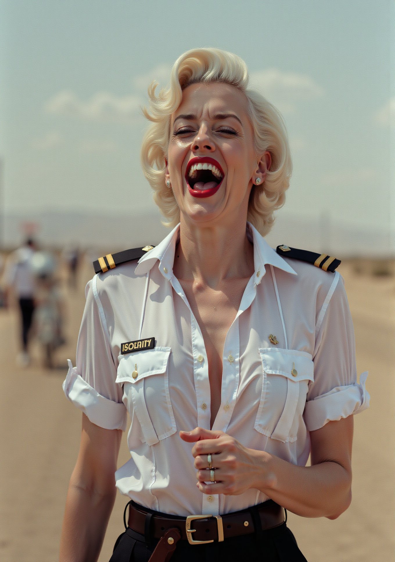 two White glamour screaming American security ladies,  in white deep-necked airport security shirt,  laughing with her mou...
