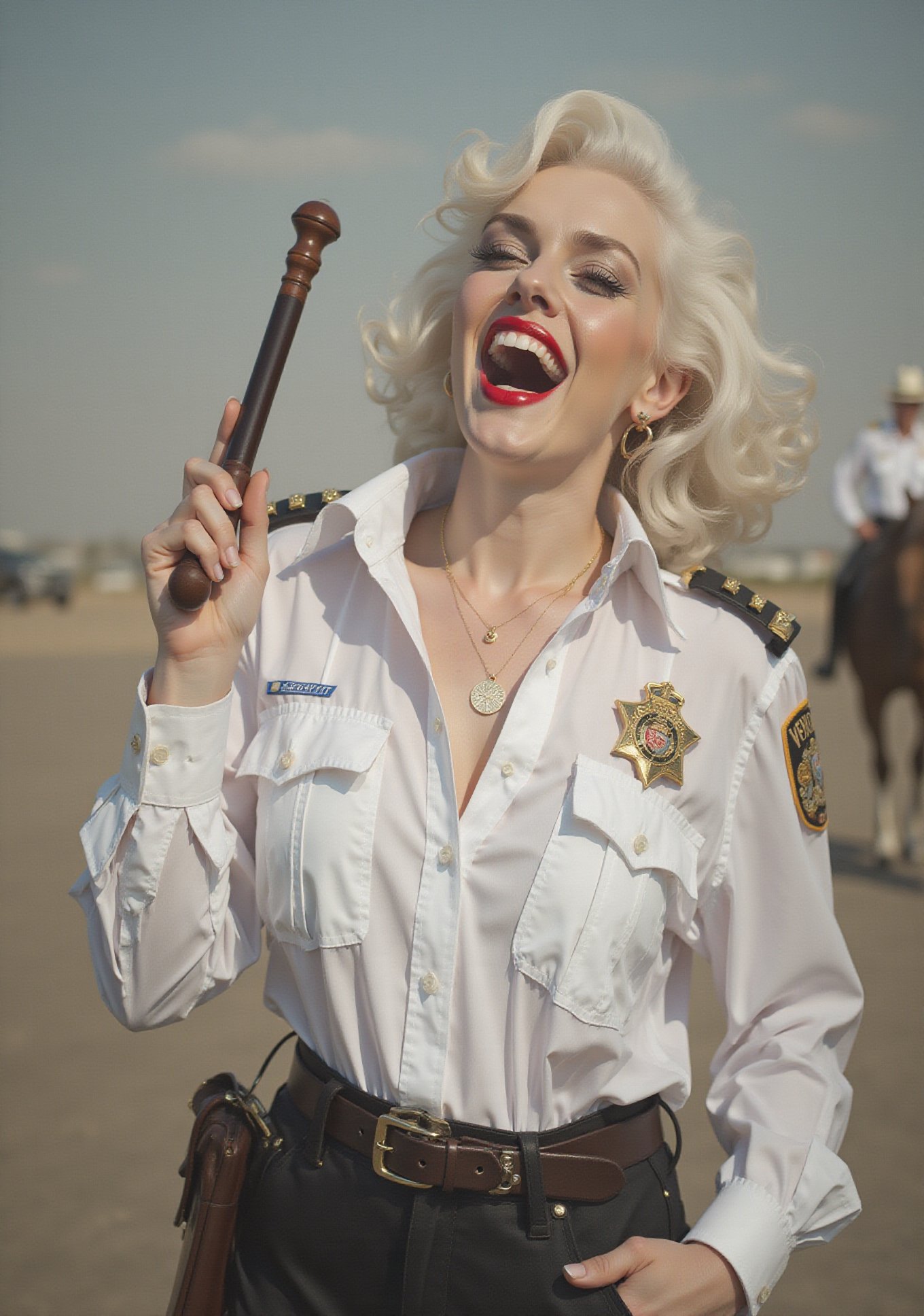 two White glamour screaming American security curvy ladies,  in white airport security shirt,  curvy ladies by user_793723...