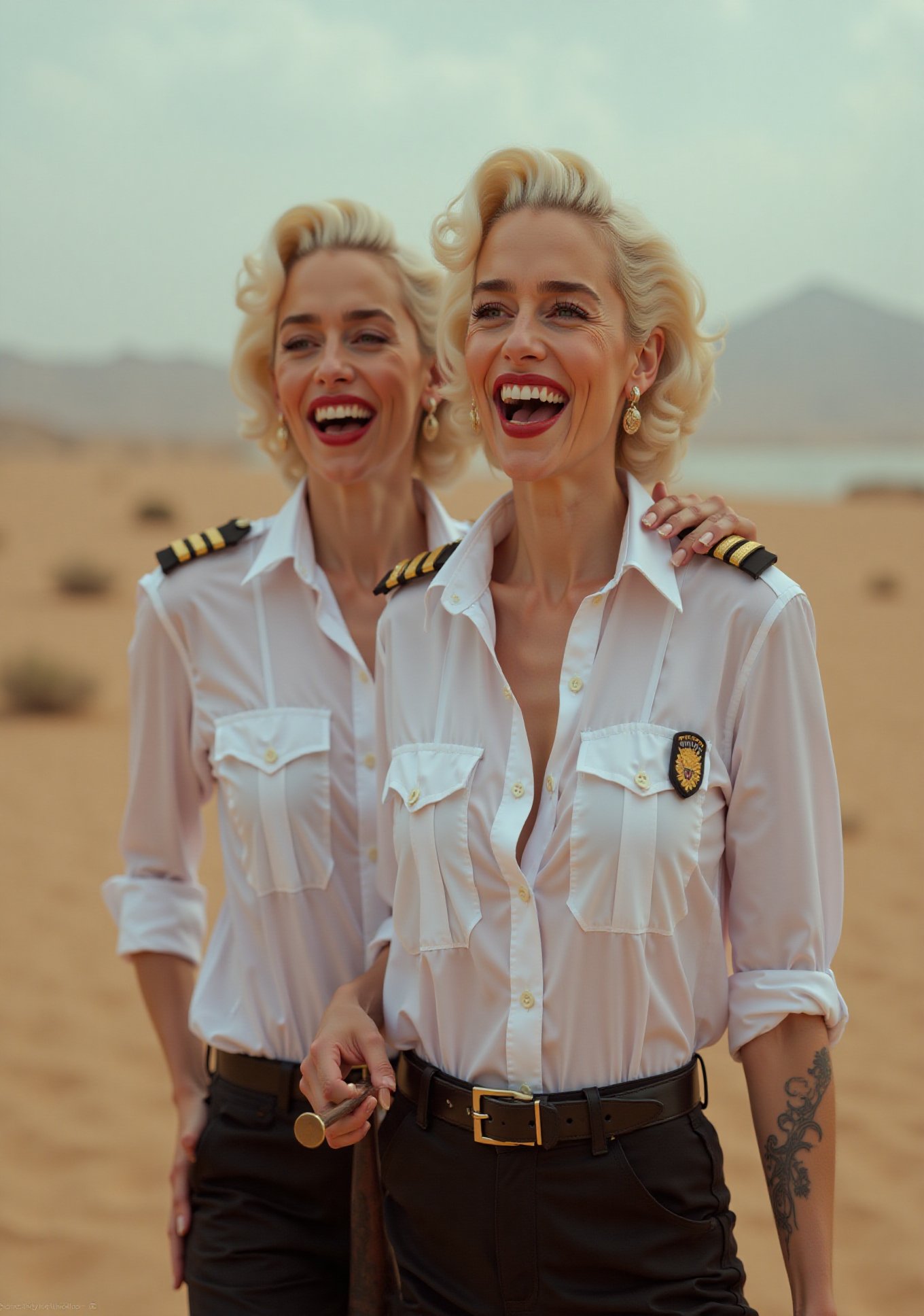 two White glamour screaming American security ladies,  in white deep-necked airport security shirt,  laughing with her mou...
