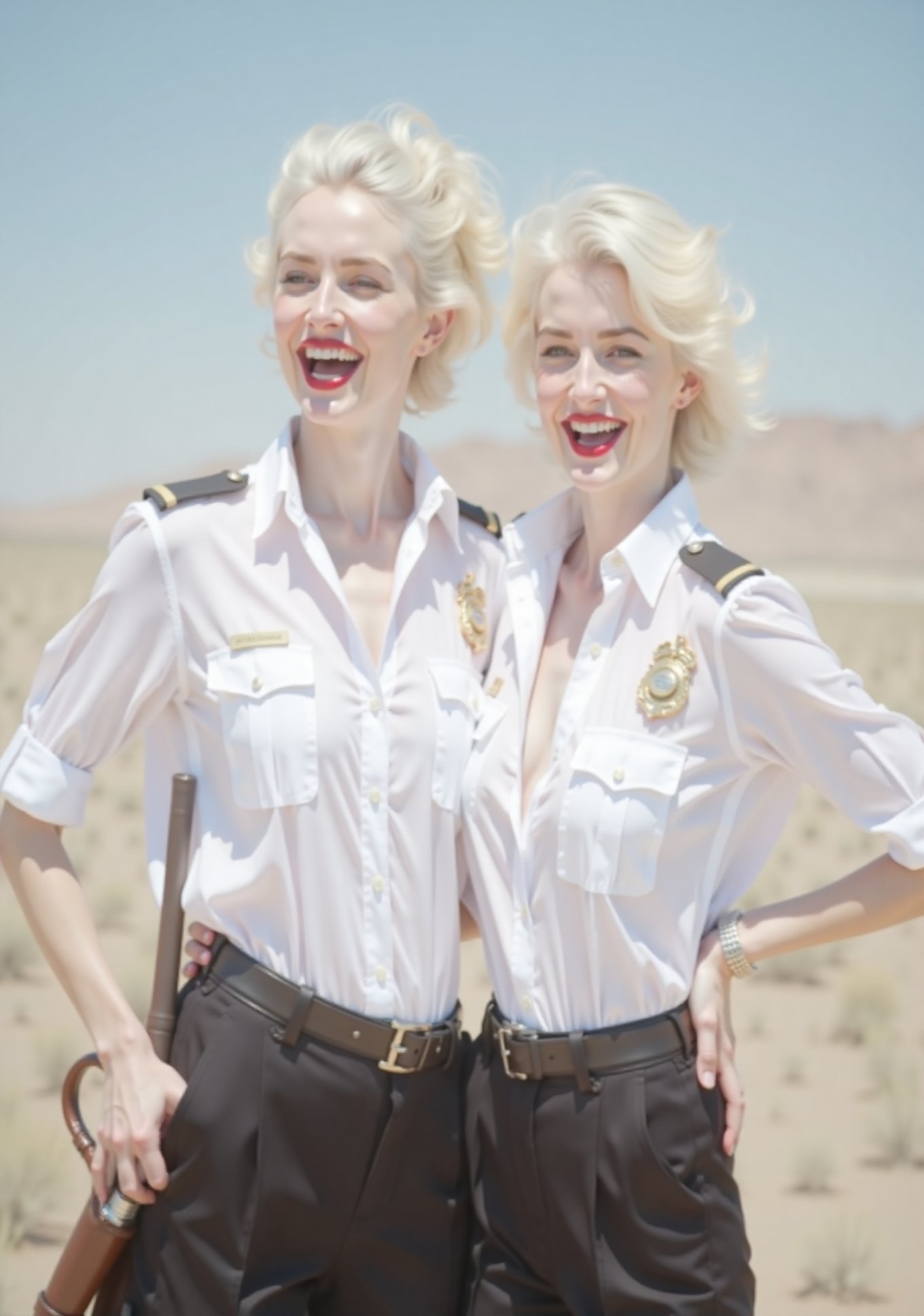 two White glamour screaming American security ladies,  in white deep-necked airport security shirt,  laughing with her mou...