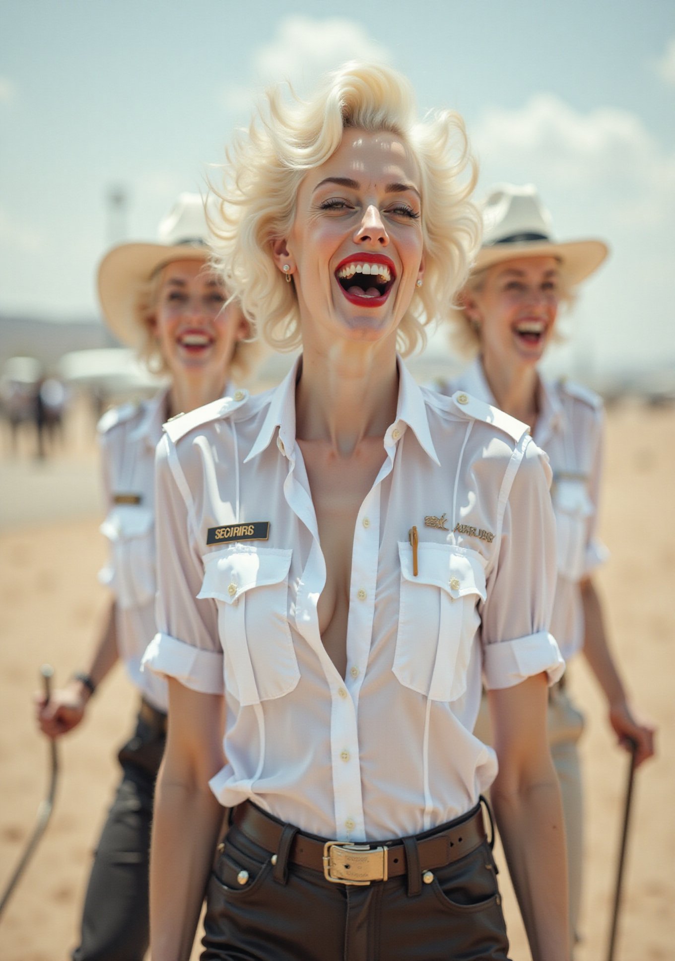 two White glamour screaming American security ladies,  in white deep-necked airport security shirt,  laughing with her mou...