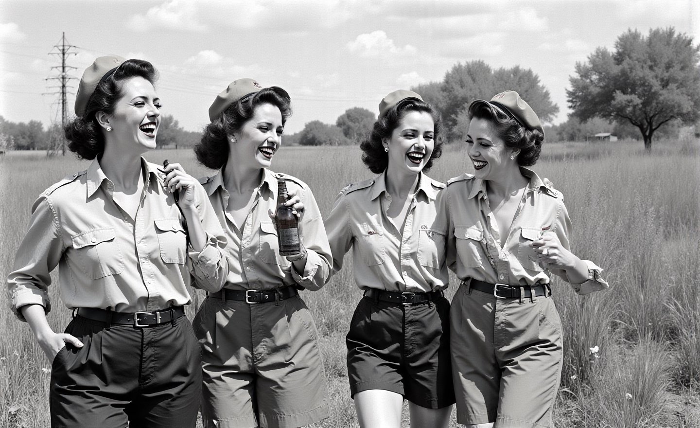 "\"An image from a silent movie,  four White curvy laughing prisoners of ww2 war ladies,  40s style by user_79372365322428...