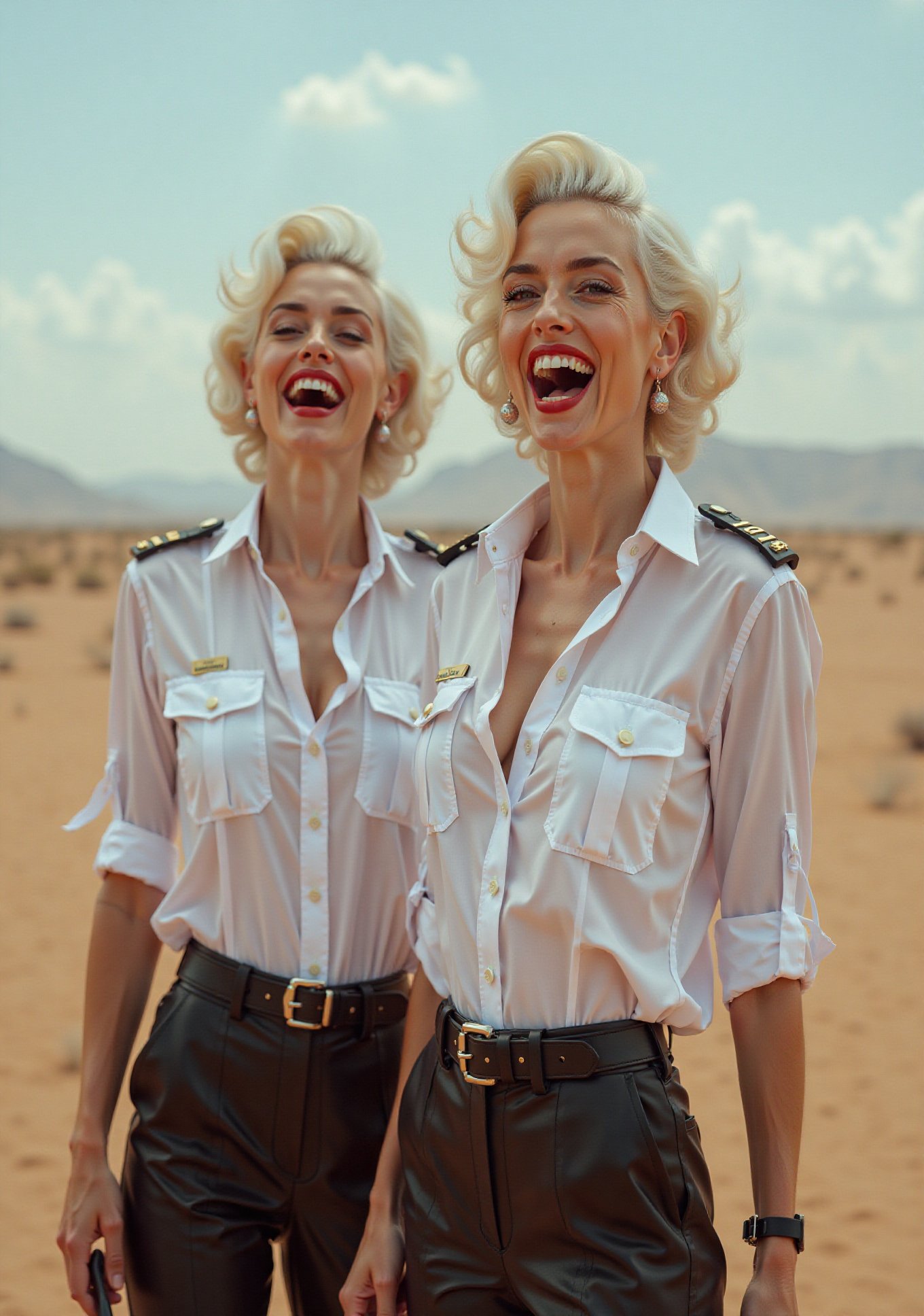 two White glamour screaming American security ladies,  in white deep-necked airport security shirt,  laughing with her mou...