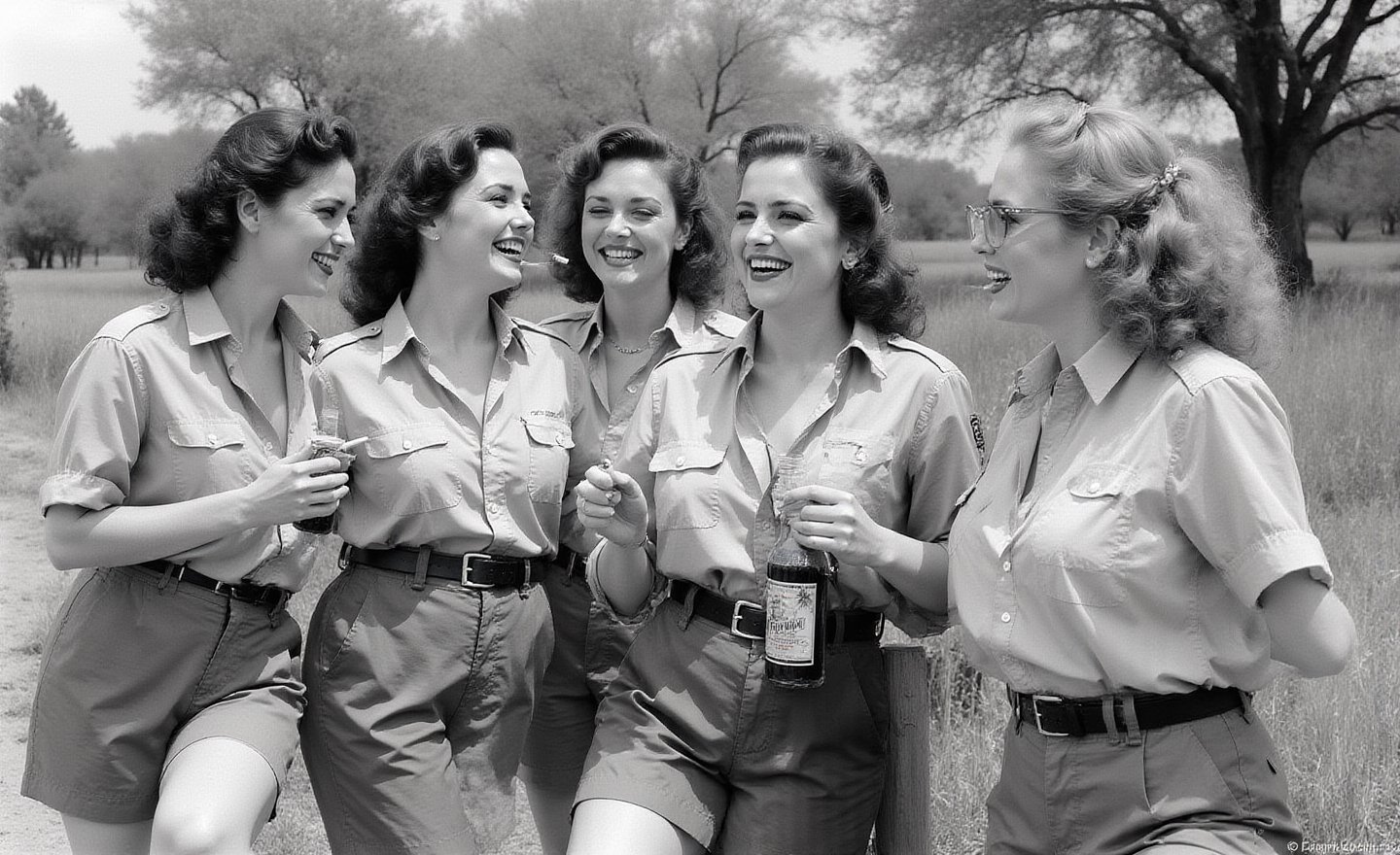 "\"An image from a silent movie,  four White curvy laughing prisoners of ww2 war ladies,  40s style by user_79372365322428...