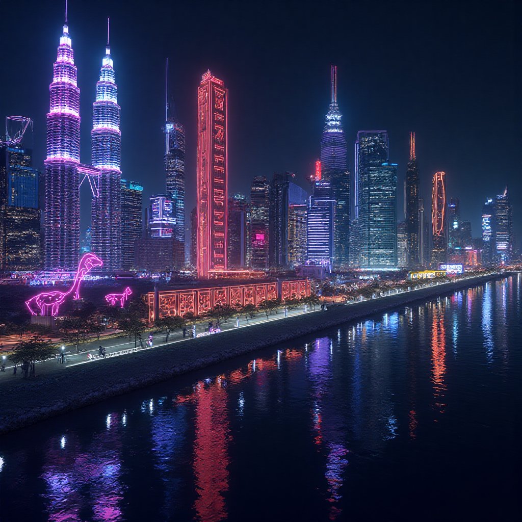 "Generate a side-by-side multi-panel layout featuring iconic Asian landmarks in a cyberpunk style. Each panel should inclu...