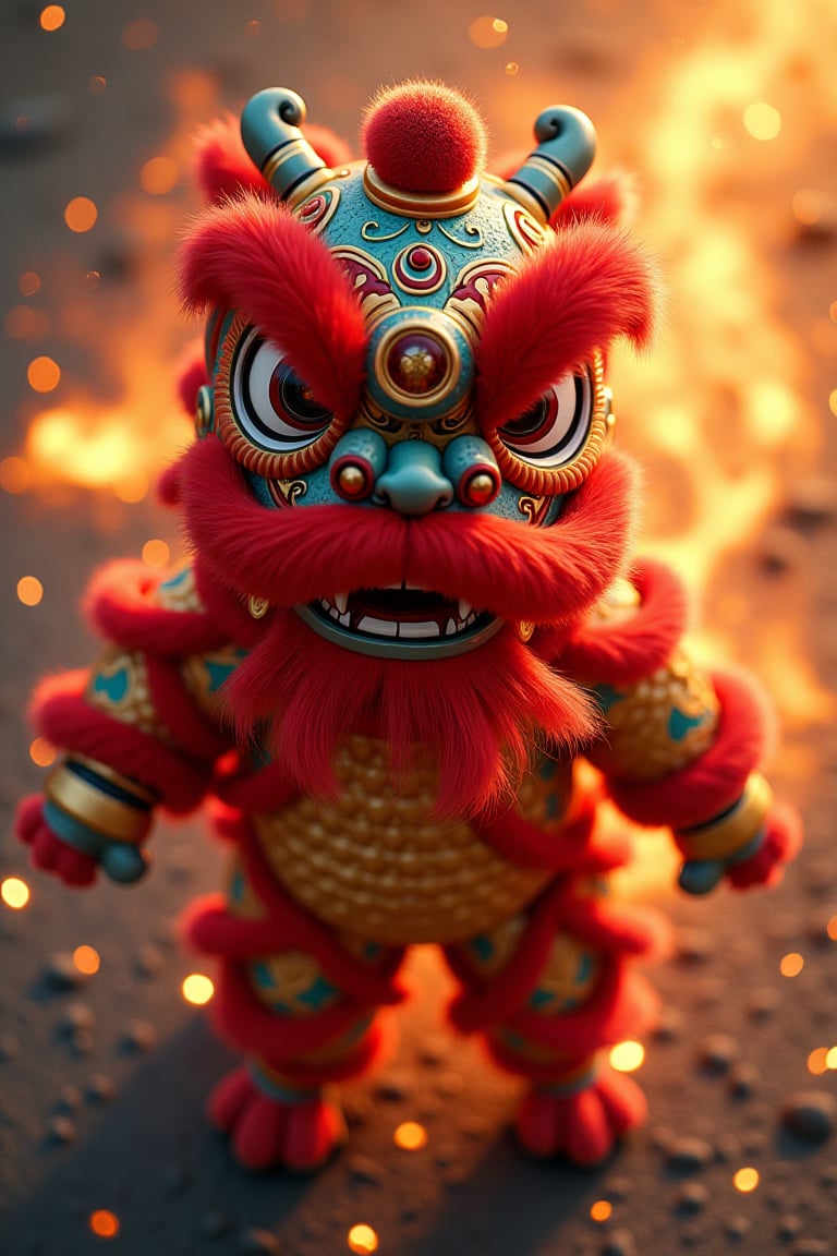 Majestic intricate lion dance. Background fire crakers everywhere but a bit blurry.,  Top Down View(Style)-Ai_Coax,  black...