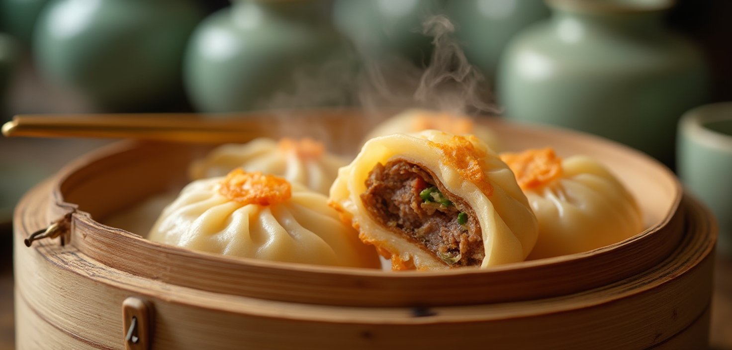 A steaming close-up of golden-brown Korean mandu dumplings in a bamboo steamer,  showcasing the delicate pleated edges and...