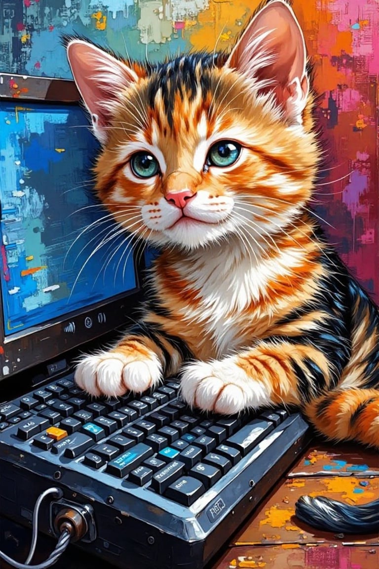 bold acrylic painting of a kitten typing on a keyboard,  vibrant colors,  textured brushstrokes. by Trew Poi on Tensor.Art
