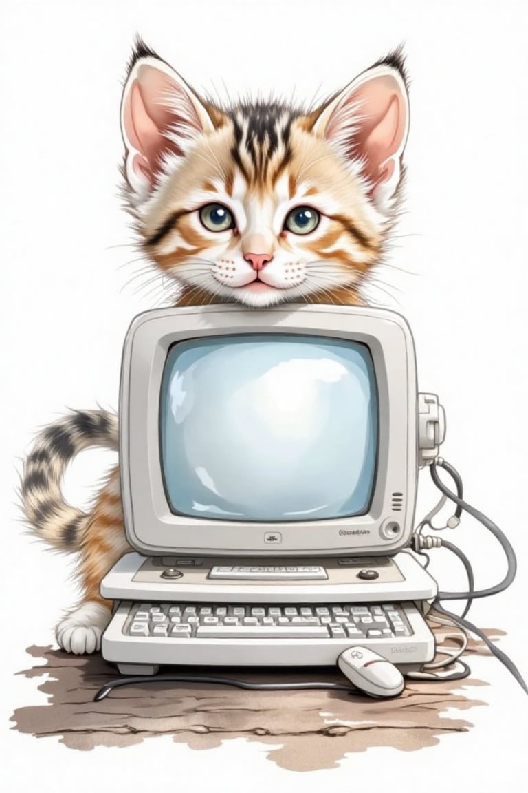 delicate watercolor painting of a kitten with a desctop pc,  translucent washes,  fluid brushstrokes. by Trew Poi on Tenso...