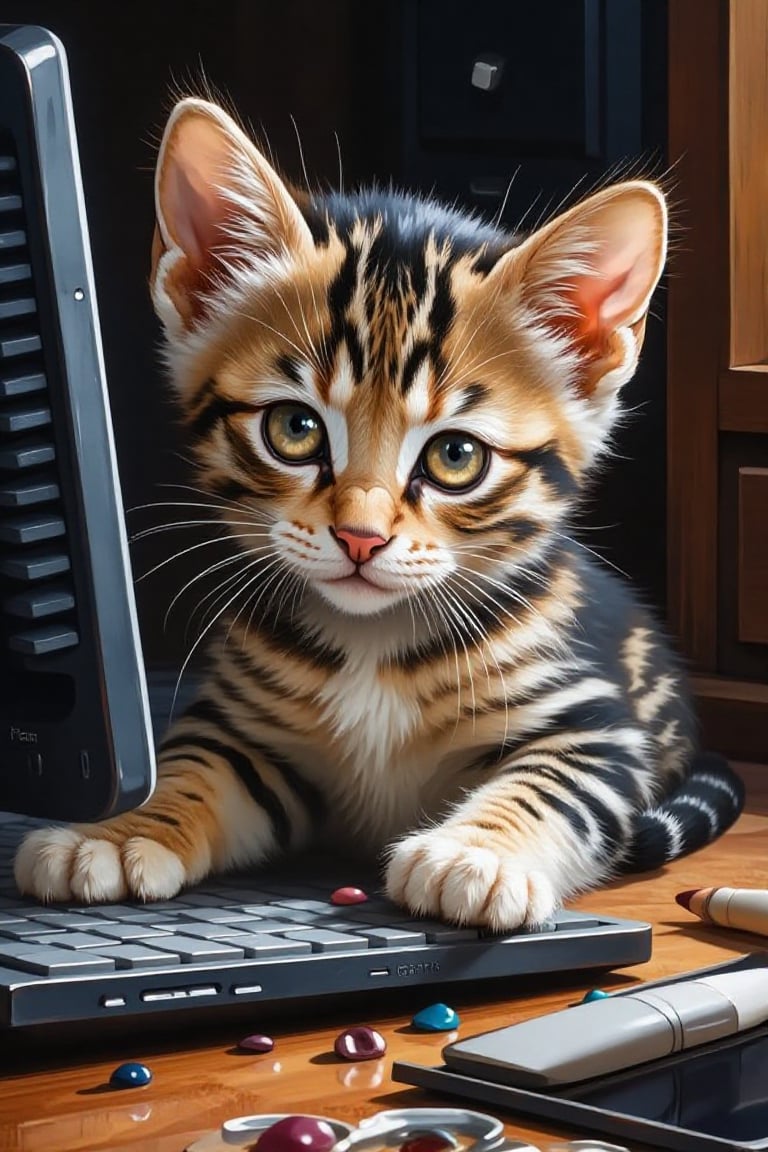 classic oil painting style of a kitten working on a computer,  rich textures,  visible brushstrokes. by Trew Poi on Tensor...