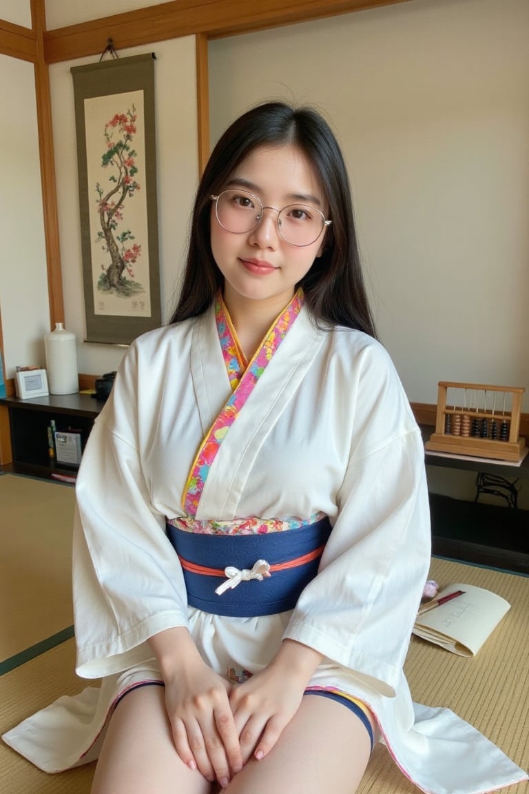 A young Thai woman with long,  straight black hair and round eyeglasses,  wearing a traditional Japanese layered kimono wi...