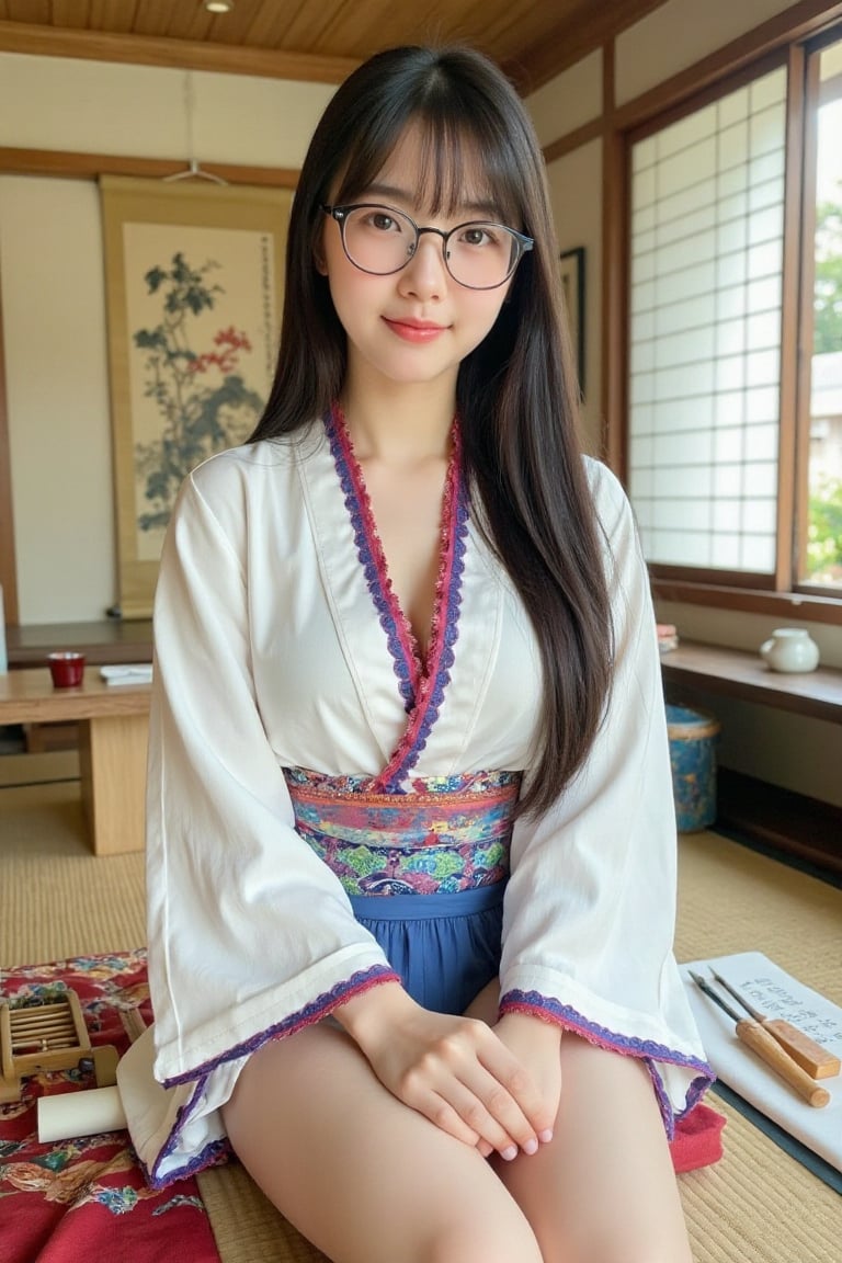 A young Thai woman with long,  straight black hair and round eyeglasses,  wearing a traditional Japanese layered kimono wi...