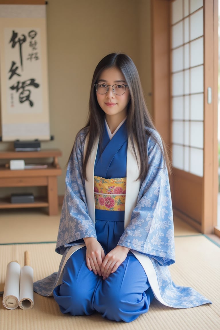 A young Thai woman with long,  straight black hair and round eyeglasses,  wearing a traditional Japanese blue kimono with...