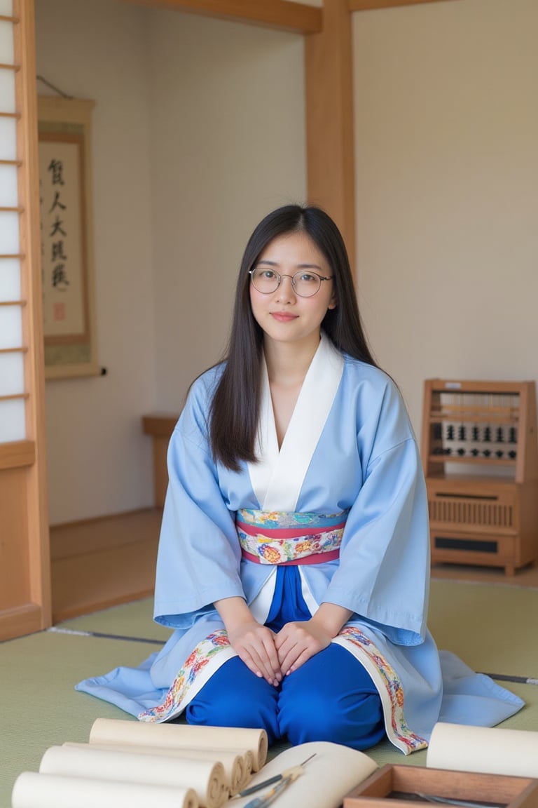 A young Thai woman with long,  straight black hair and round eyeglasses,  wearing a traditional Japanese blue kimono with...