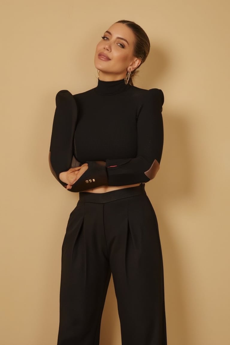 The image features a beautiful young woman wearing a black shirt and black pants. She is standing in front of a beige back...