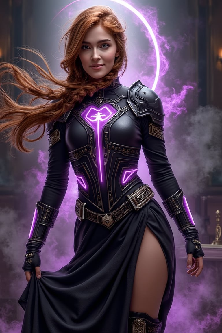A dynamic and epic digital fantasy artwork featuring a powerful,  mystical female character with light skin and sharp,  st...