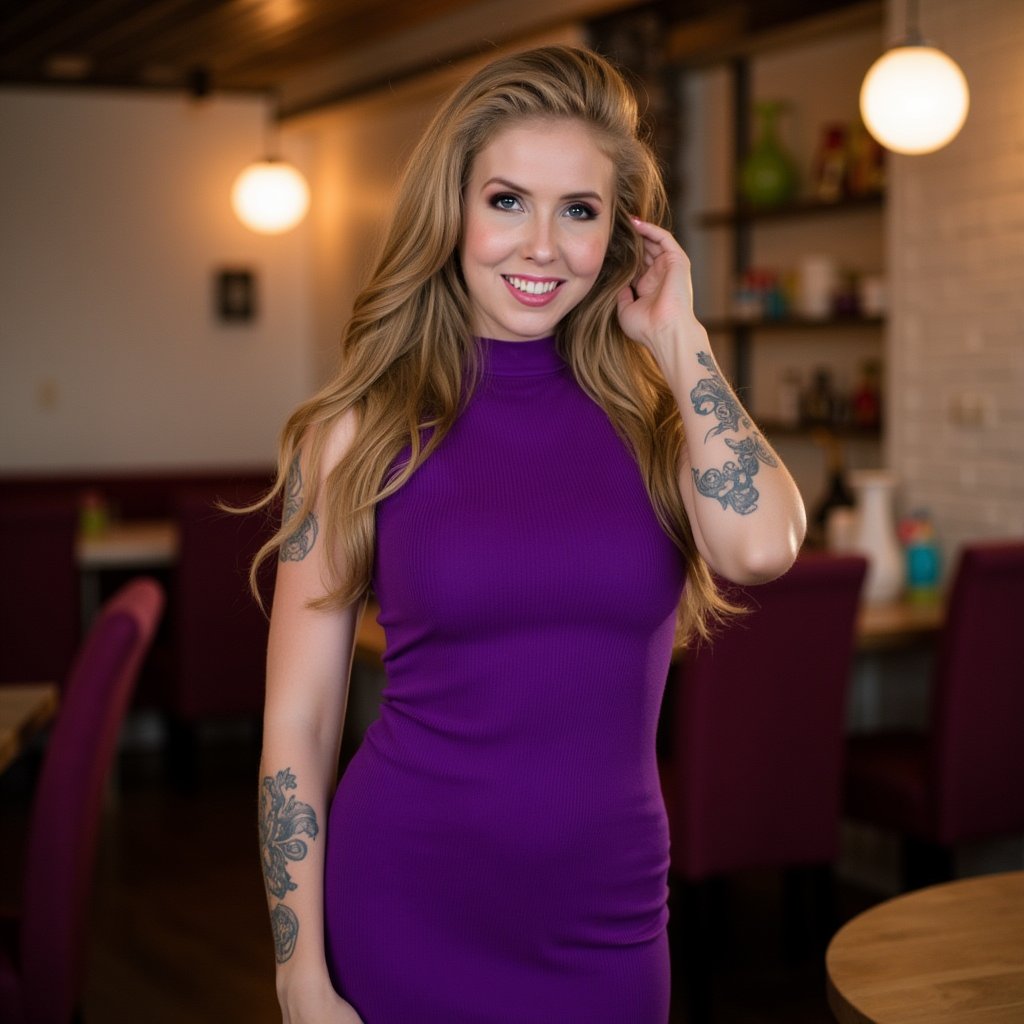 Lena Paul beautiful detailed photograph,  blonde hair cascading,  wearing a formfitting turtleneck PURPLE dress by Nachooo...