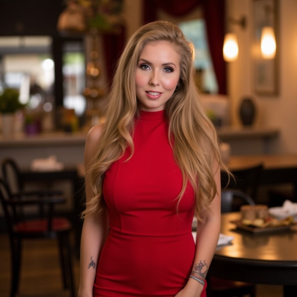 Lena Paul beautiful detailed photograph,  blonde hair cascading,  wearing a formfitting turtleneck RED dress by Nachoooooo...