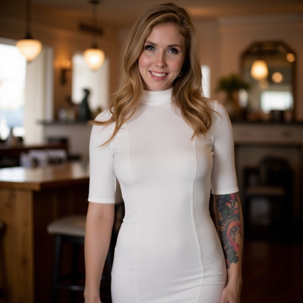 Lena Paul beautiful detailed photograph,  blonde hair cascading,  wearing a formfitting turtleneck WHITE dress by Nachoooo...