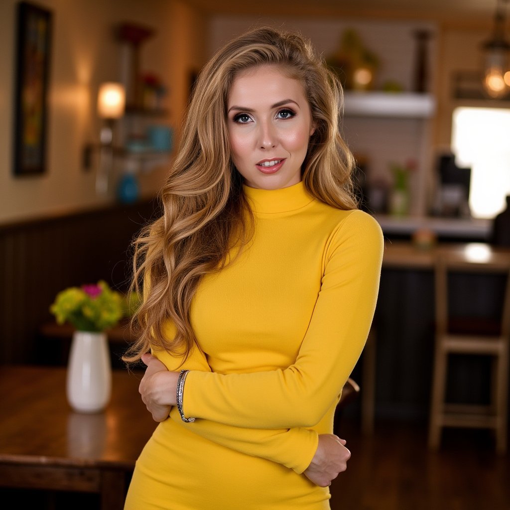 Lena Paul beautiful detailed photograph,  blonde hair cascading,  wearing a formfitting turtleneck YELLOW dress by Nachooo...