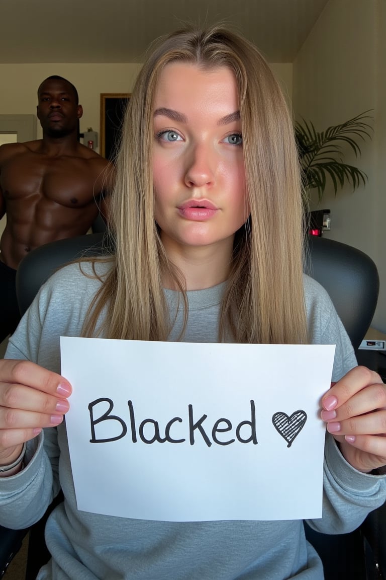A verification selfie taken with a webcam of a very curvy 25-year-old girl,  sitting at her computer desk,  wearing a swea...