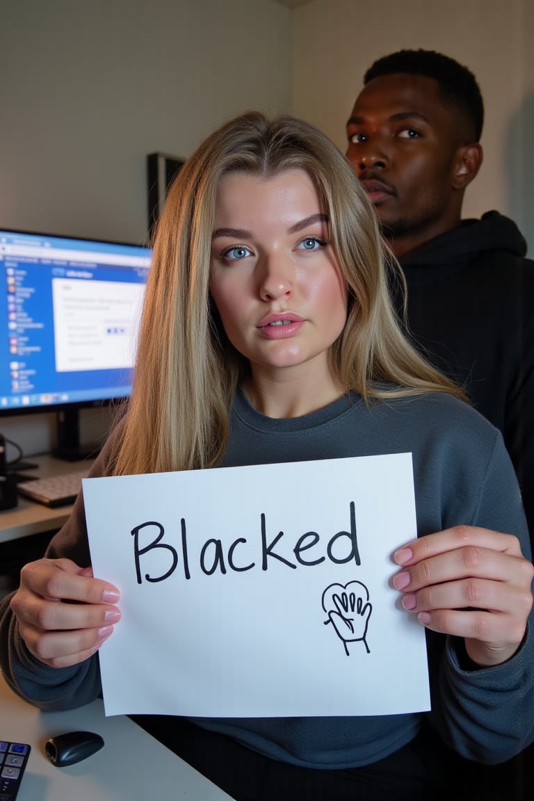 A verification selfie taken with a webcam of a very curvy 25-year-old girl,  sitting at her computer desk,  wearing a swea...