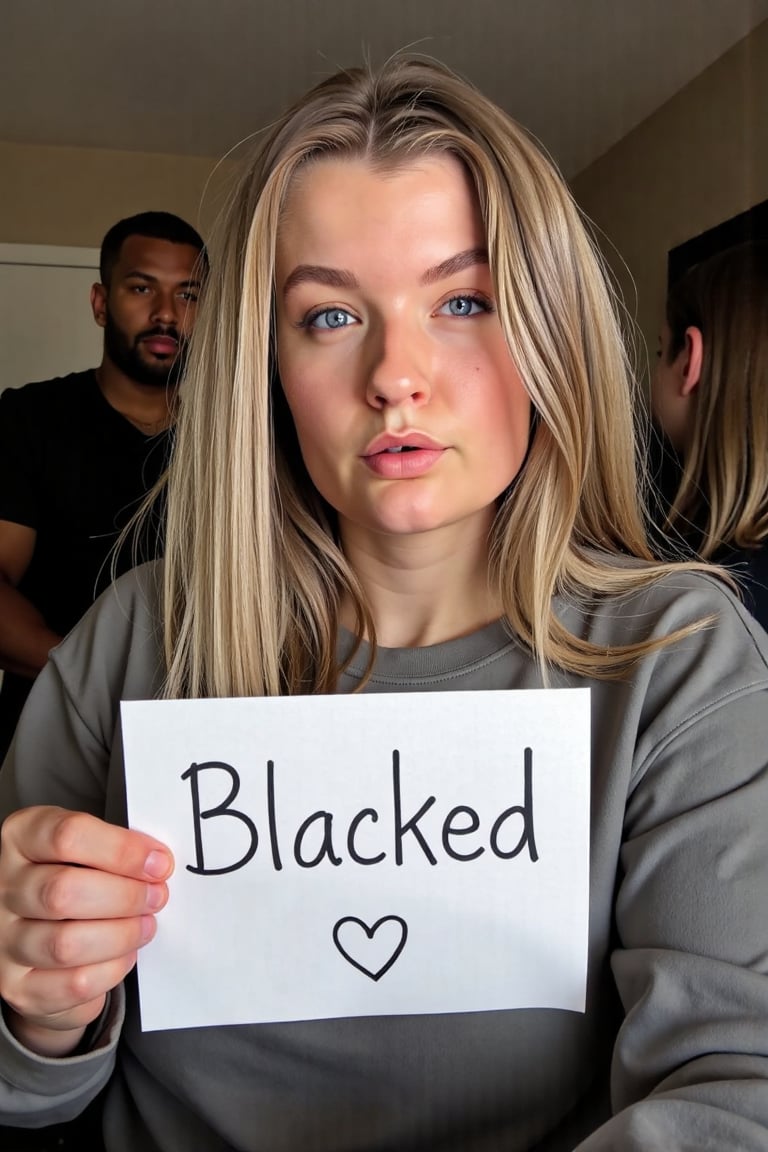 A verification selfie taken with a webcam of a very curvy 25-year-old girl,  sitting at her computer desk,  wearing a swea...