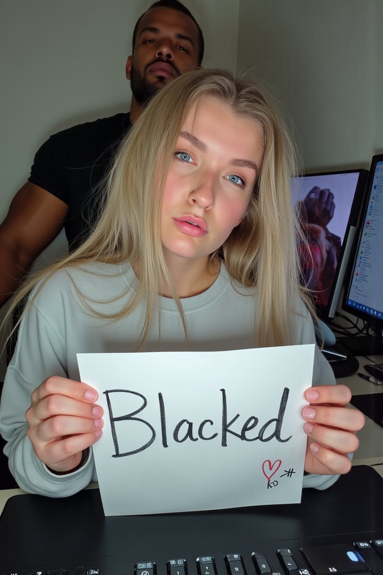 A verification selfie taken with a webcam of a very curvy 25-year-old girl,  sitting at her computer desk,  wearing a swea...