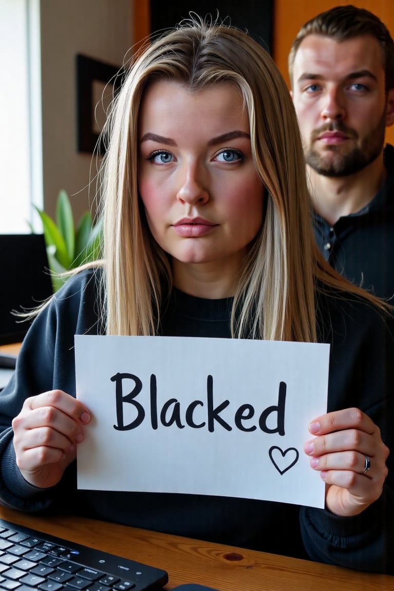 A verification selfie taken with a webcam of a very curvy 25-year-old girl,  sitting at her computer desk,  wearing a swea...