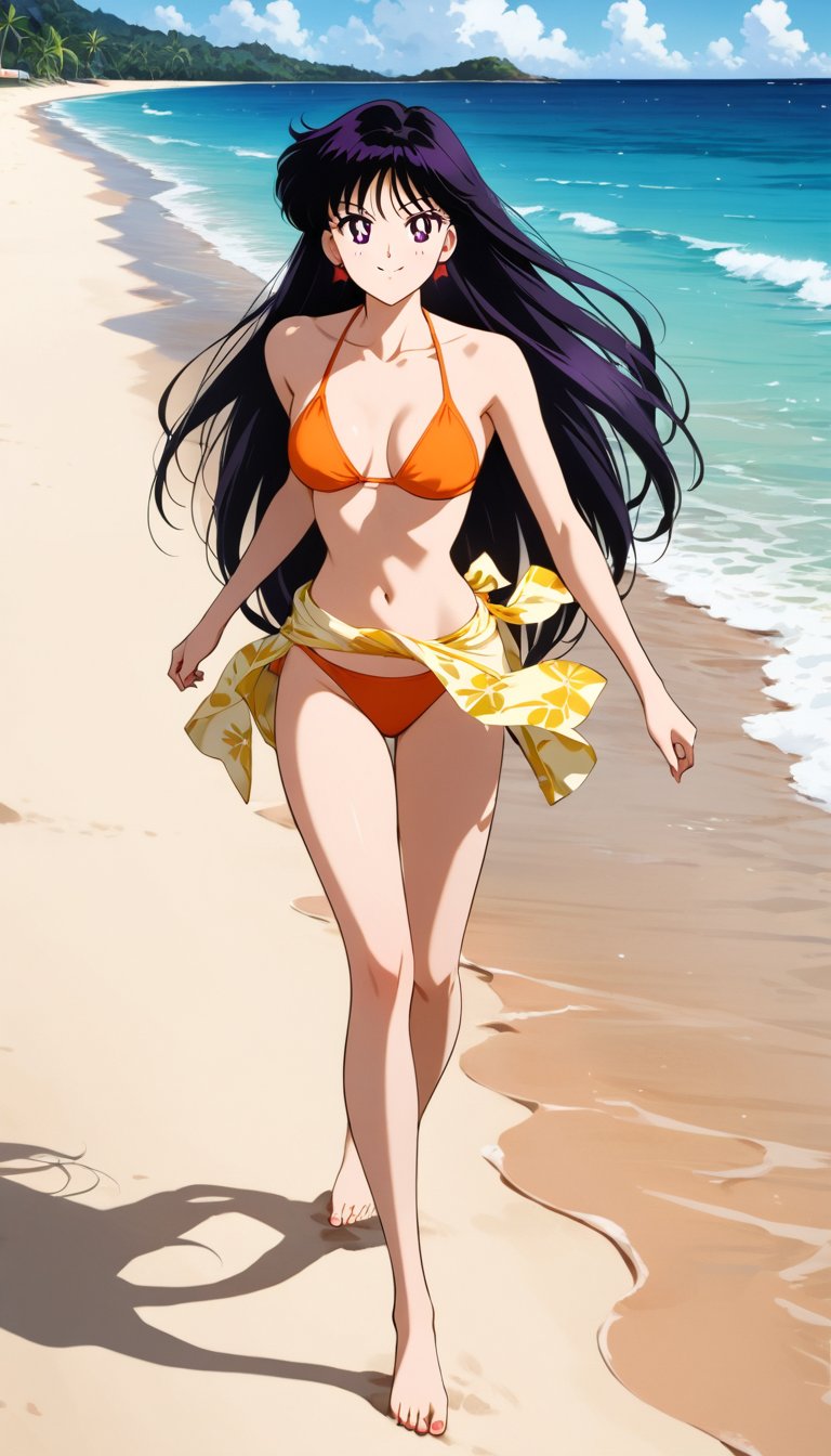 Create a beautiful,  incredibly detailed portrait. Rei Hino wearing an orange bikini with a yellow printed sarong at the w...