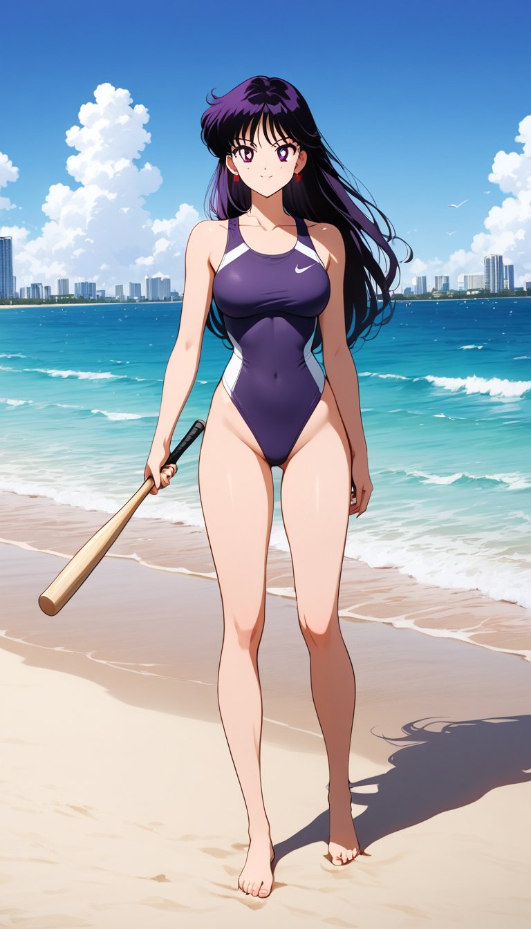 Create a beautiful,  incredibly detailed portrait. Rei Hino wearing a purple Nike sports swimsuit,  she plays baseball on...