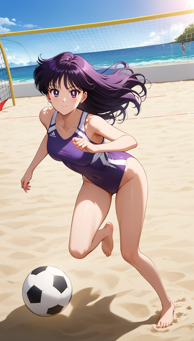 Create a beautiful,  incredibly detailed portrait. 1 girl. Rei Hino wearing a sporty purple swimsuit,  plays beach soccer....