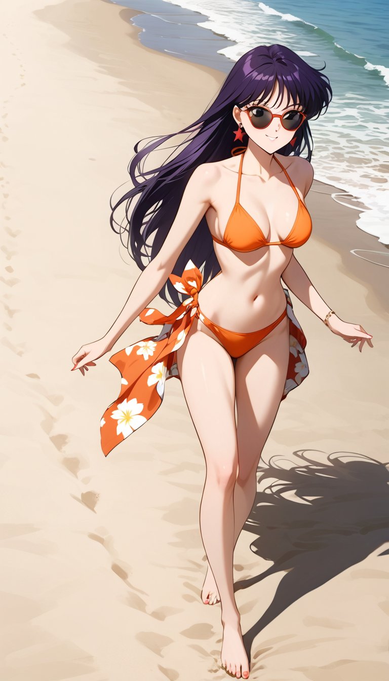 Create a beautiful,  incredibly detailed portrait. Rei Hino wearing an orange bikini with a printed sarong at her waist,...